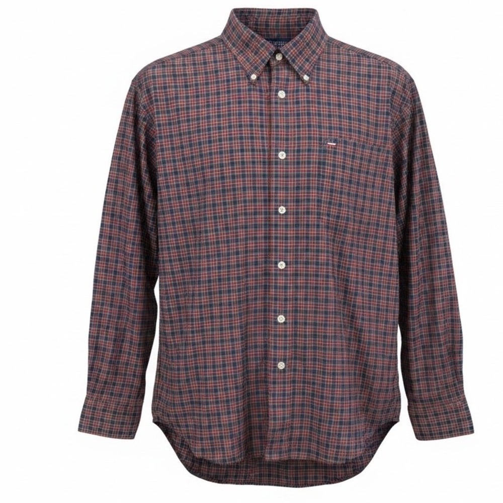 Vintage Tommy‎ Hilfiger Mens Plaid Button Down Shirt Navy Burgundy Cotton Large